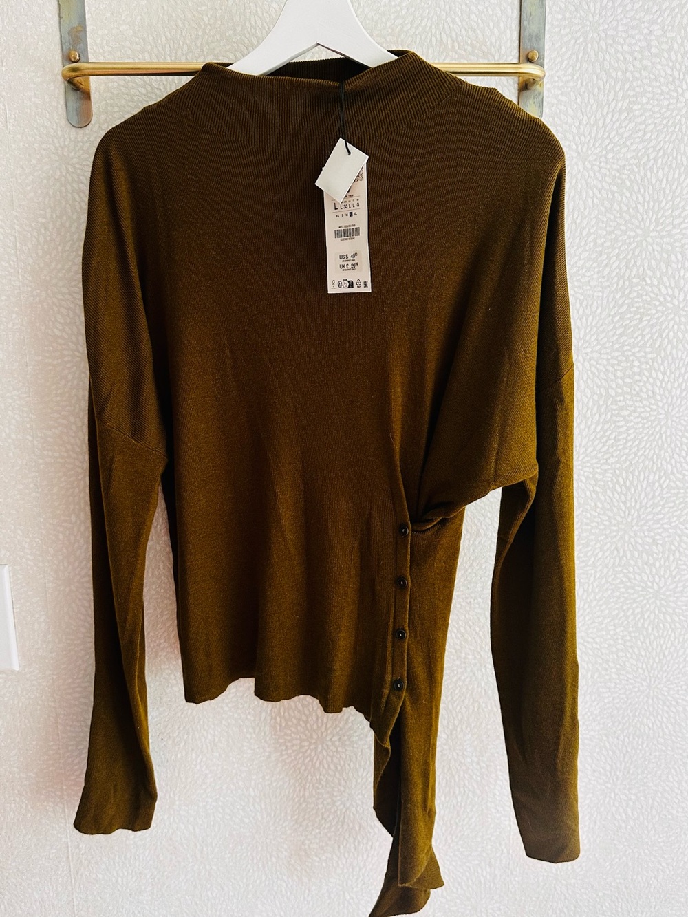 ZARA Asymmetric Button-Detail Mock Neck Sweater - Olive